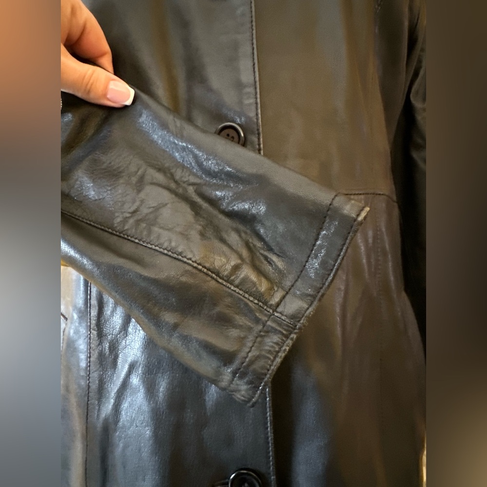 Women's Black Leather Coat - Picture 3 of 15